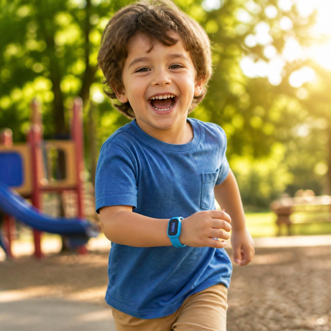 Smiling child wearing the Kinbound wristband